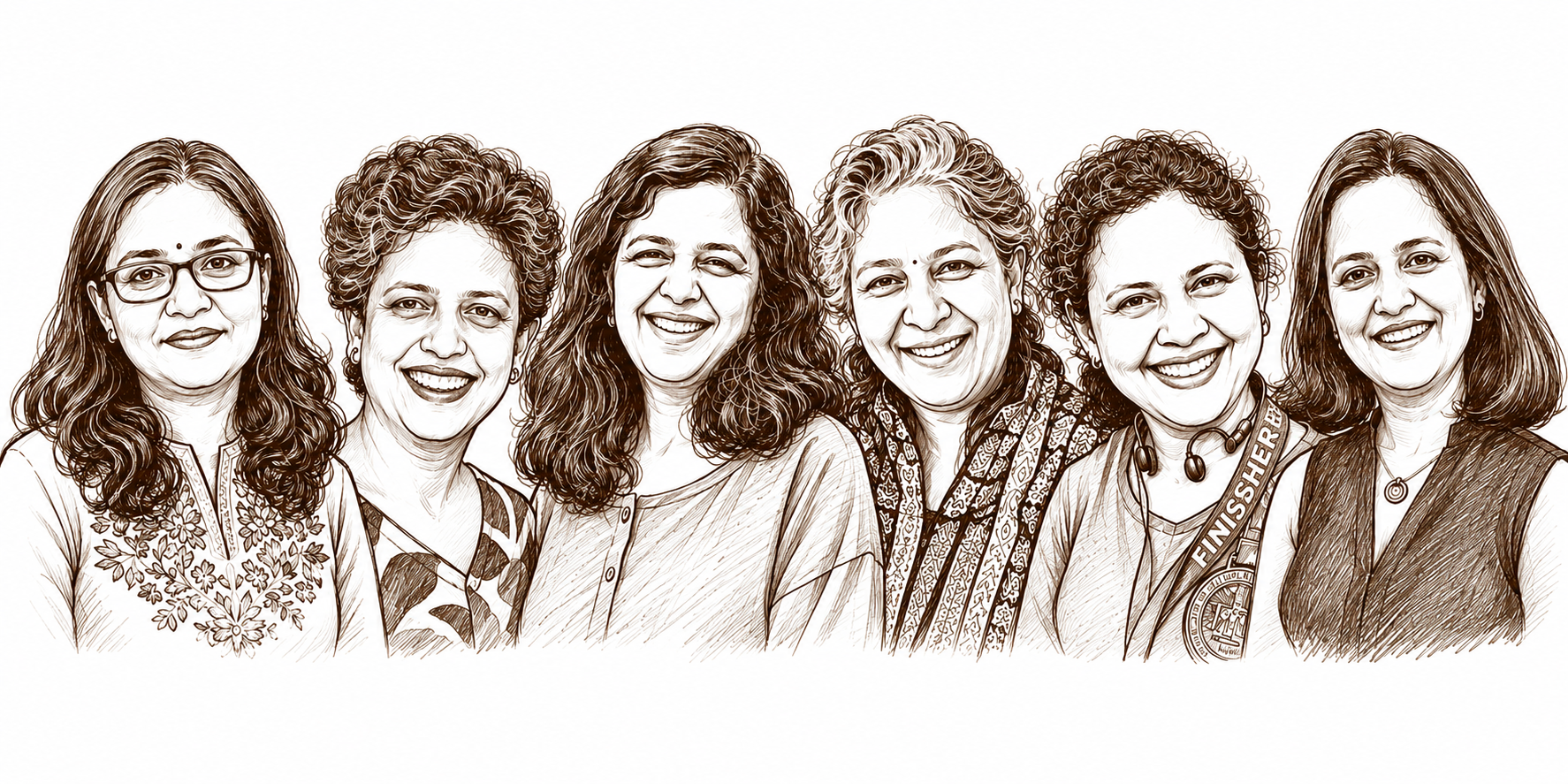 Illustrated portrait of six mothers of the Mother Squad, smiling together