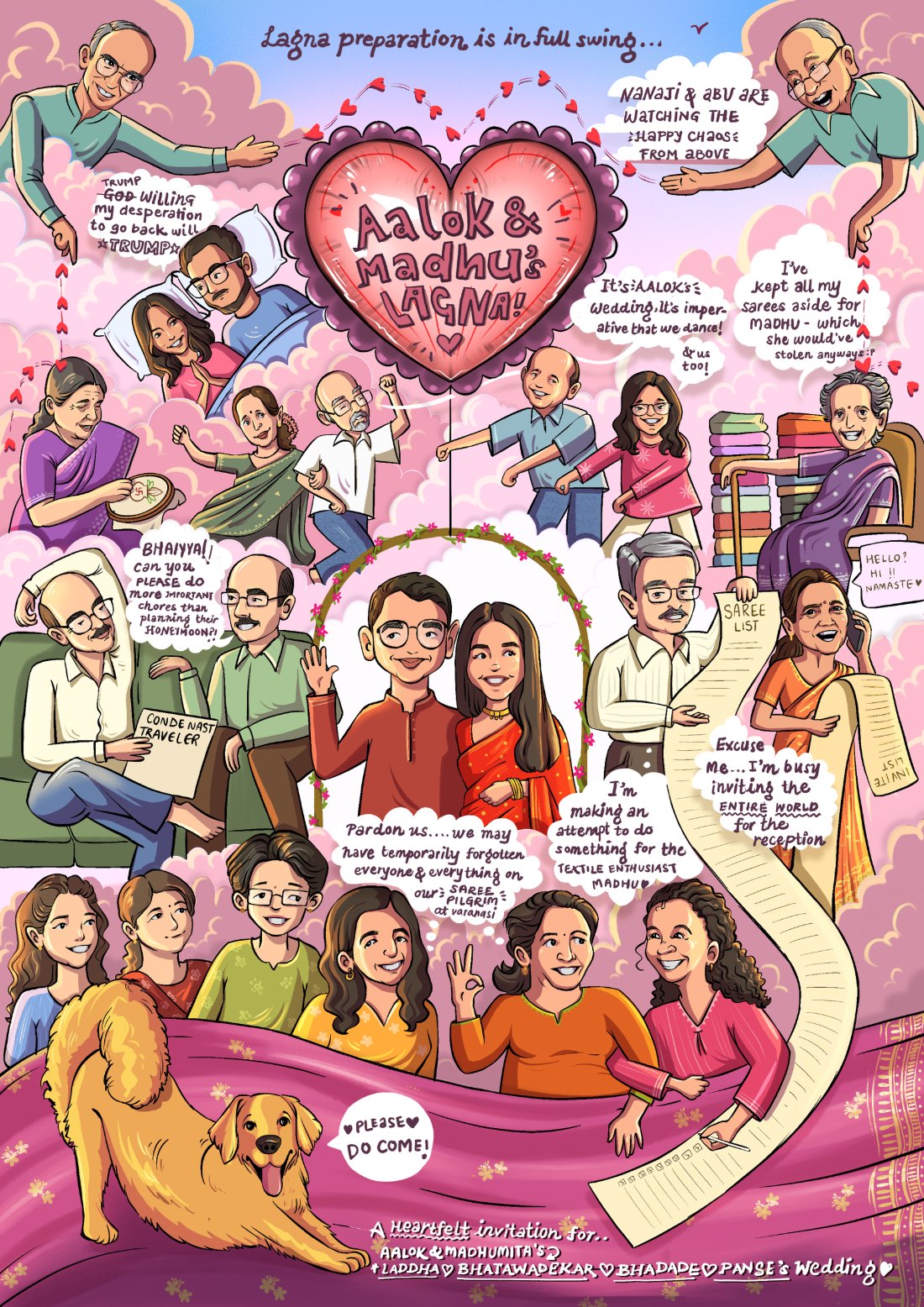 Aalok & Madhu's hand-illustrated wedding invitation